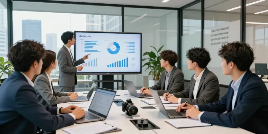 Tim profesional berdiskusi tentang Kediritoto di ruang kantor modern.