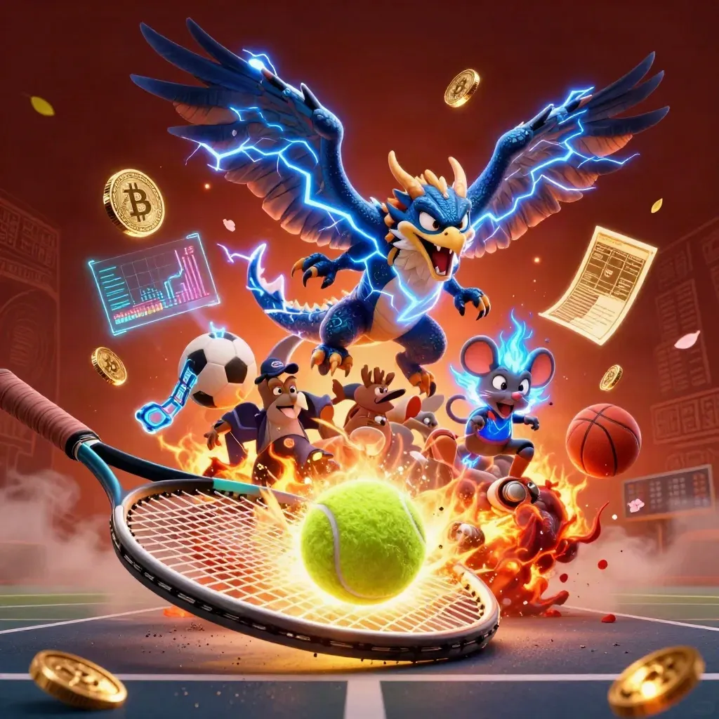 Naga petir, elang, dan tikus sihir mengelilingi bola tenis dan kilat emas.