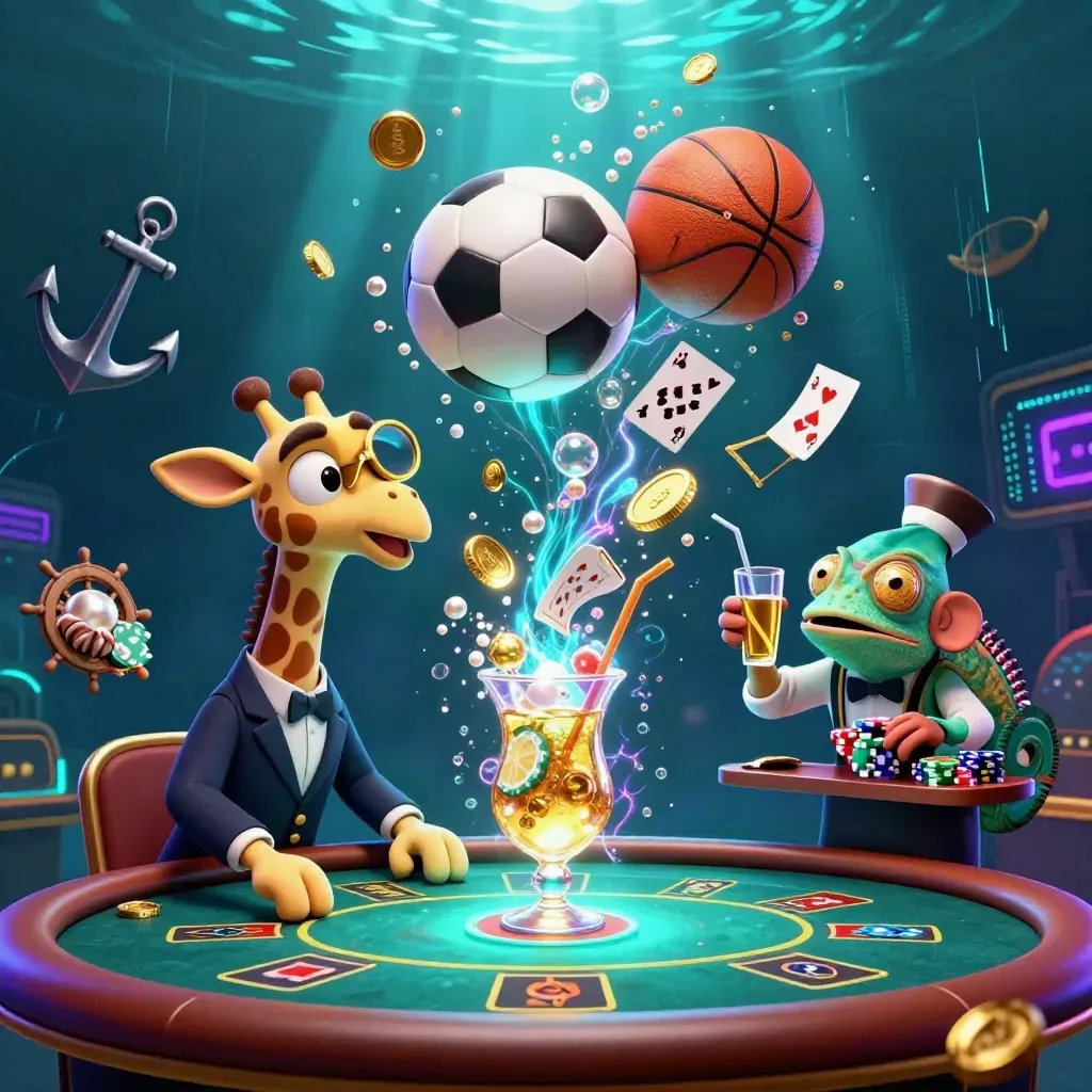 Giraffe VIP, monyet, dan bunglon di kasino bawah laut dengan bola dan kilatan emas.