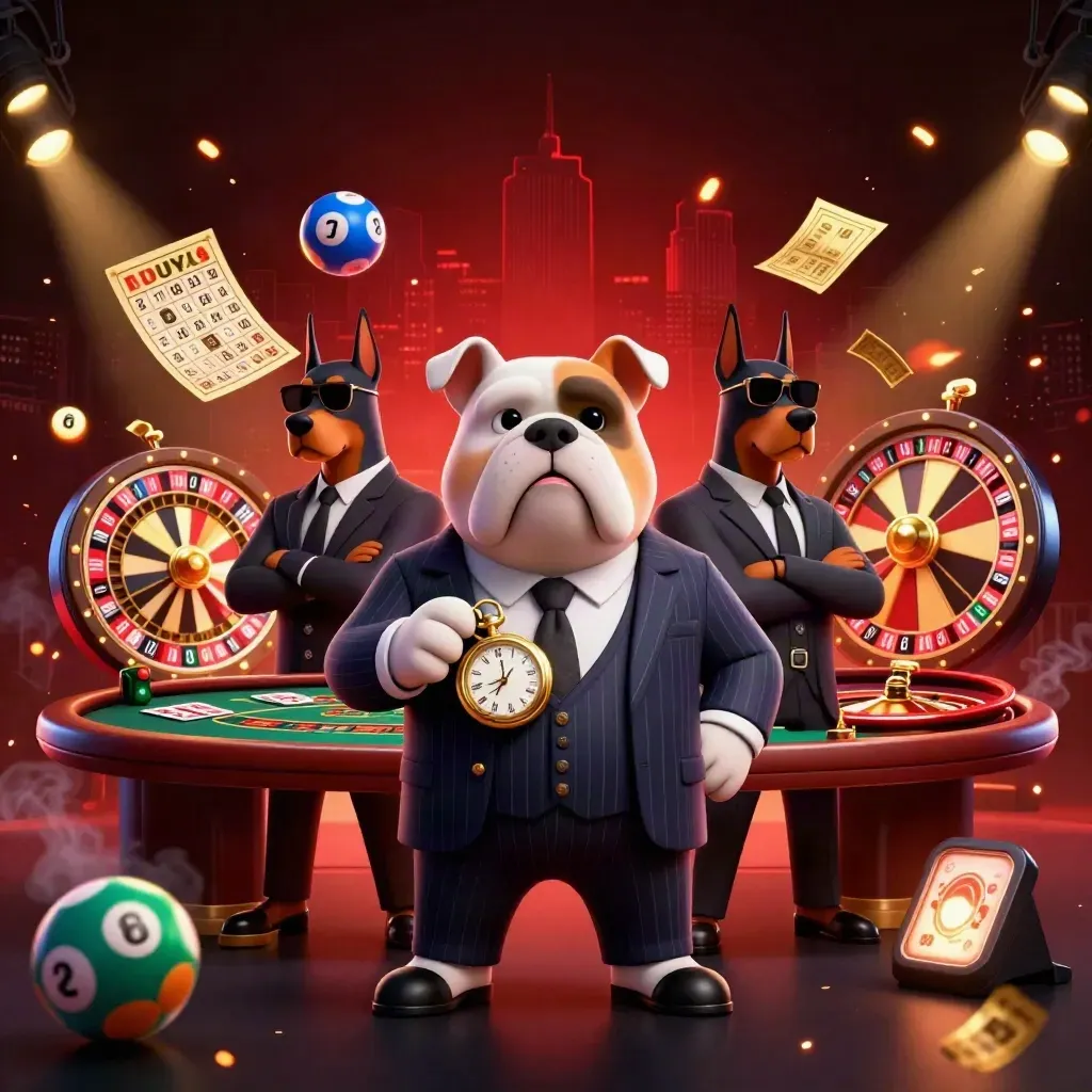 Bulldog bos mafia dan dua Doberman di meja kasino mistis dengan roda hadiah dan cahaya merah.