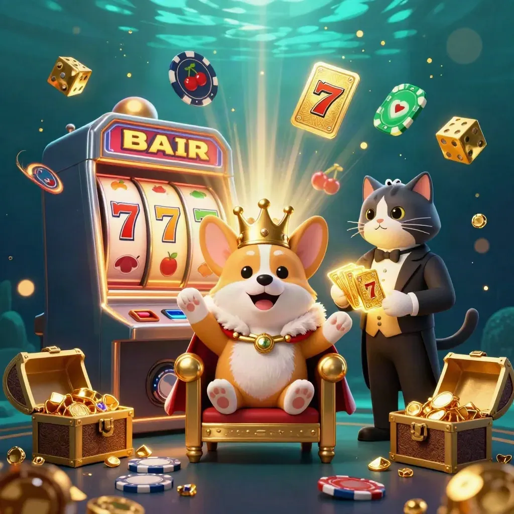 Kartu game kasino fantasi dengan corgi mahkota, pelayan kucing, dan ledakan jackpot emas.