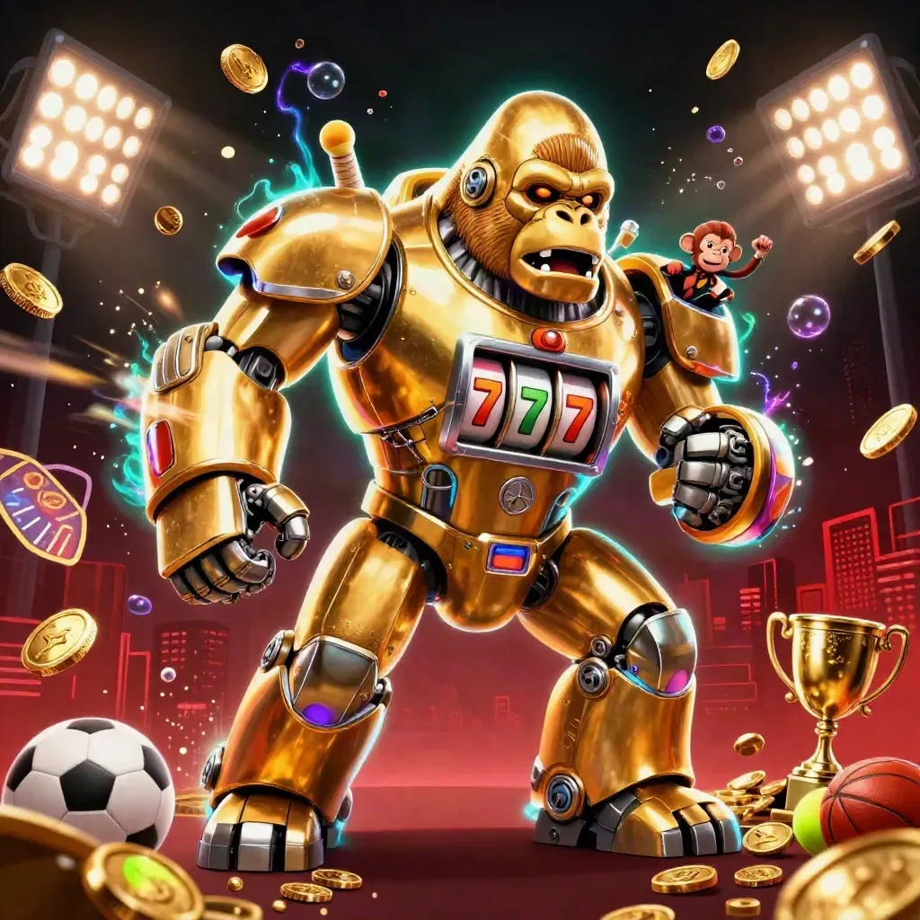 Gorila mech emas meledak dari koin, bola olahraga, dan kilau kasino mistis.