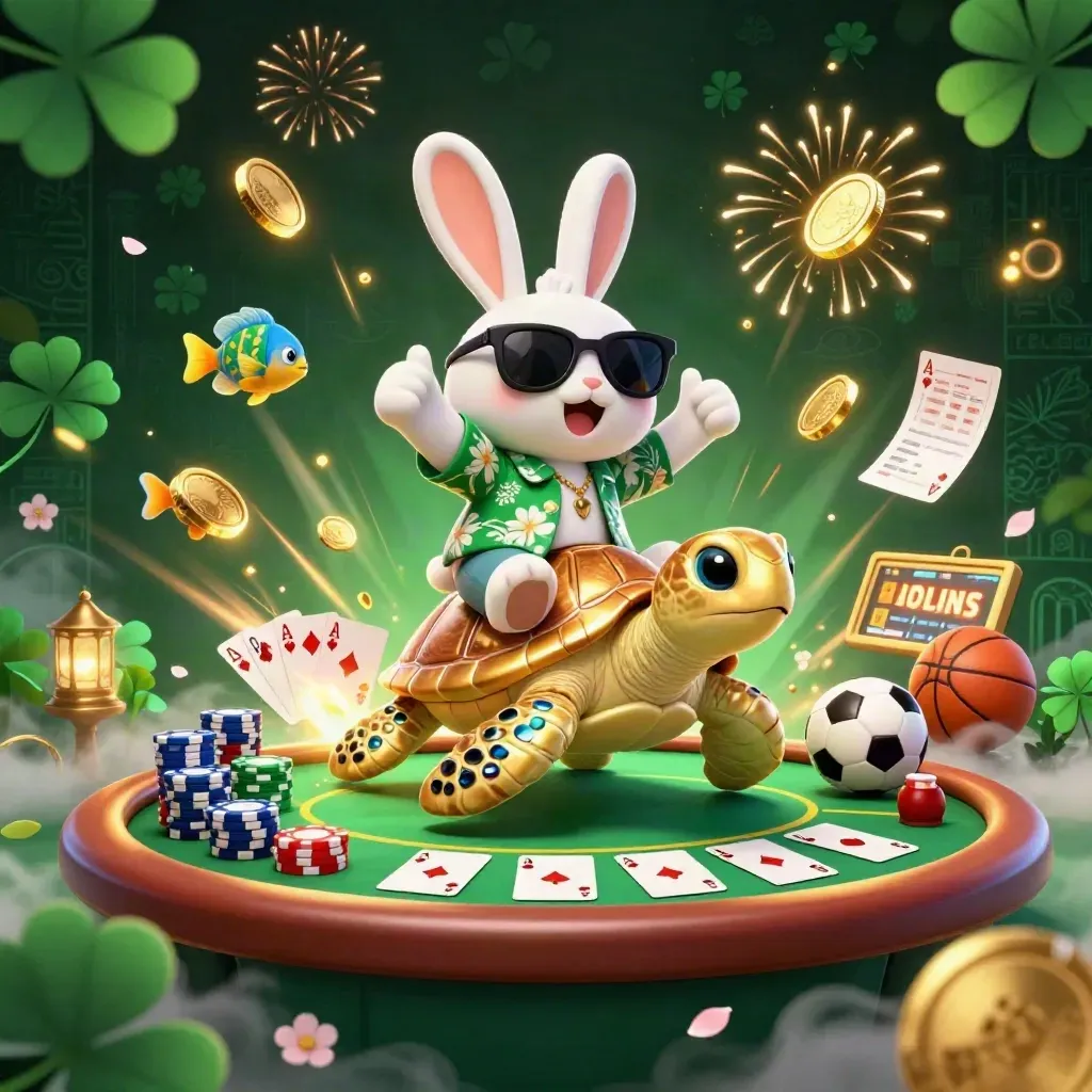 Kelinci lucu naik kura-kura emas, dikelilingi chip, kartu poker, koin emas, dan efek mistis.